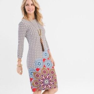 Chico's white multicolor boho paisley medallion stretch shift dress